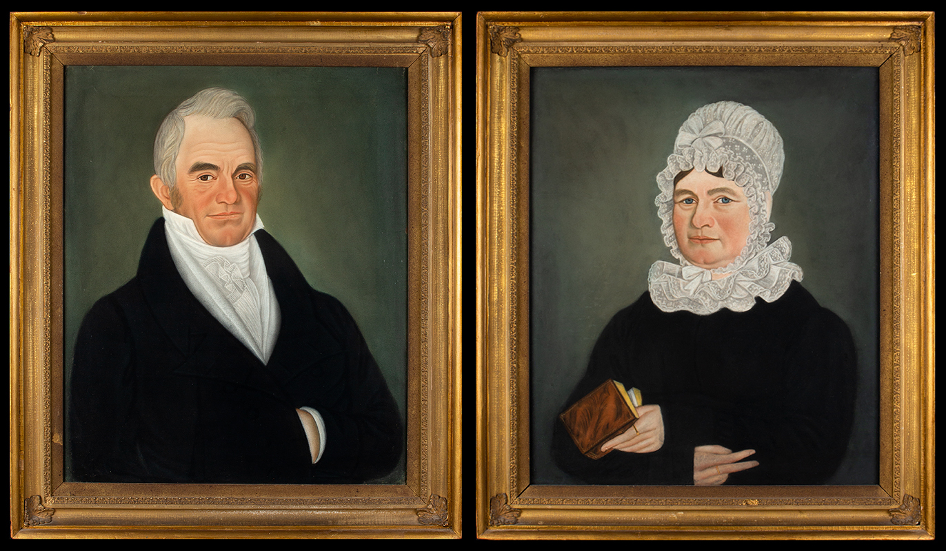 Folk Art, Pair of Portraits, Man and Woman, Micah Williams, Original Frames A successful itinerant artist working primarily in Middlesex and Monmouth counties, New Jersey. , Image 1