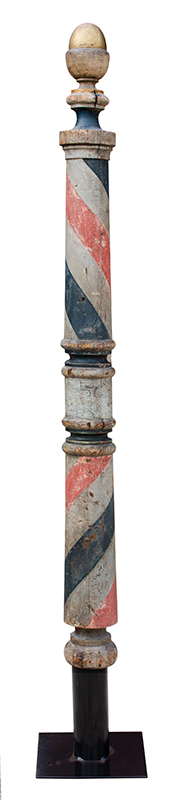 Antique Turned Wood Barber Pole, Original Red, White, and Blue Paint, 6.5-Feet Poles Retaining Original Paint Are Very Scarce, entire view