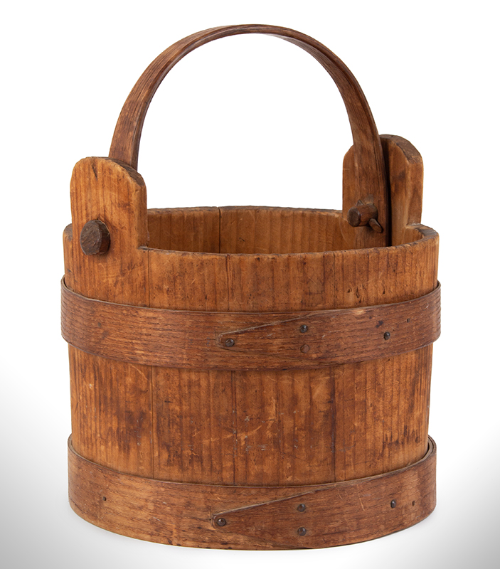 Nineteenth Century Wooden Bucket, Small Water Bucket in Best Natural Patina Attributed to Peter Hersey (1757-1844) of Hingham, Massachusetts, entire view 1