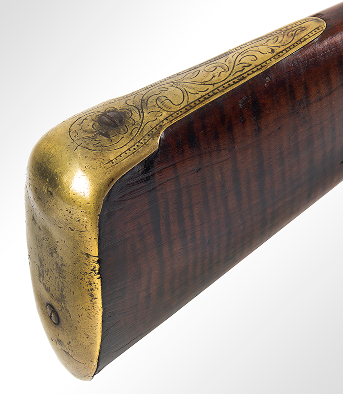 18th Century Musket, American Assembled Fowler, Curly Maple Stock, butt plate 1
