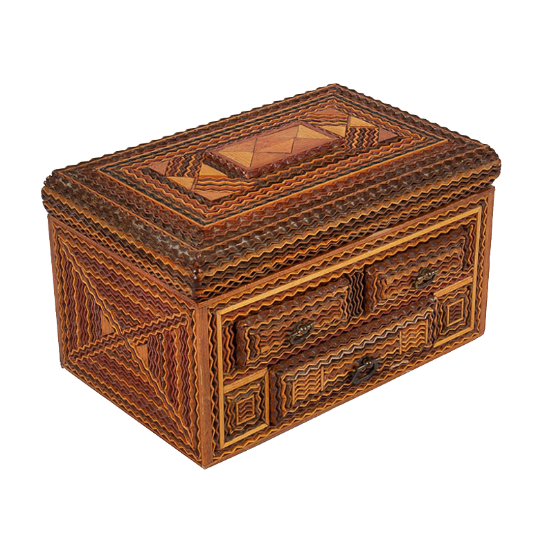 Tramp Art Box with Three Drawers, Jewelry Box, Outstanding Ripple Molding, Image 1