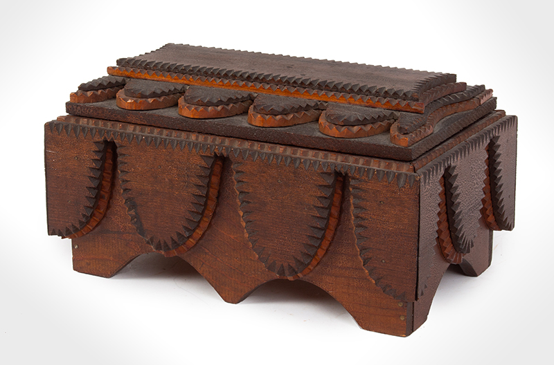 Tramp Art Box, Ornamented with Notch Carved Bunting, Image 1