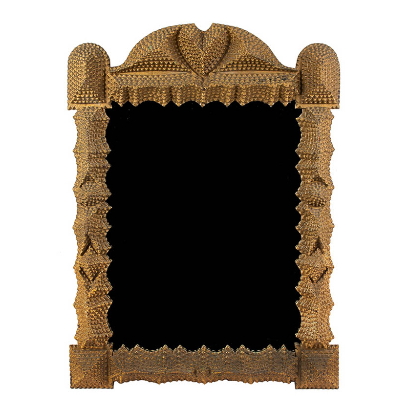 Tramp Art Picture Frame or Mirror, Surmounted with Heart, Fine Example, Image 1