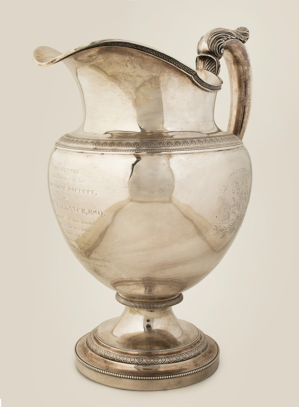 Presentation Silver, Pitcher, Provident Society, Philadelphia to John Vallance Possibly made by Thomas Fletcher or Harvey Lewis, entire view