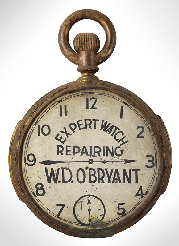 Antique Trade Sign, Pocket Watch, Expert Watch Repairing, W.D. O’Bryant Two sides, entire view