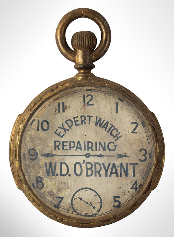 Antique Trade Sign, Pocket Watch, Expert Watch Repairing, W.D. O’Bryant Two sides, entire view 2