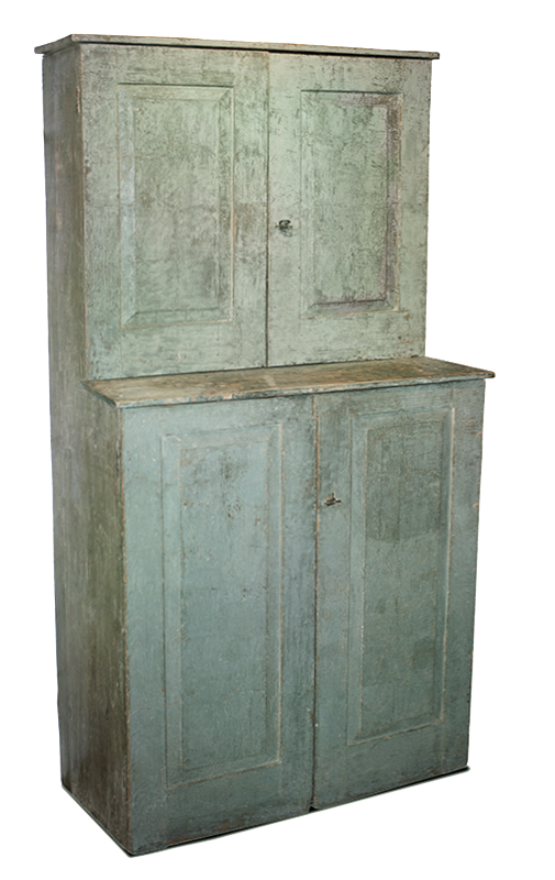 Step Back Cupboard, Raised Panel Doors, Soft Greenish Gray Paint New England, entire view