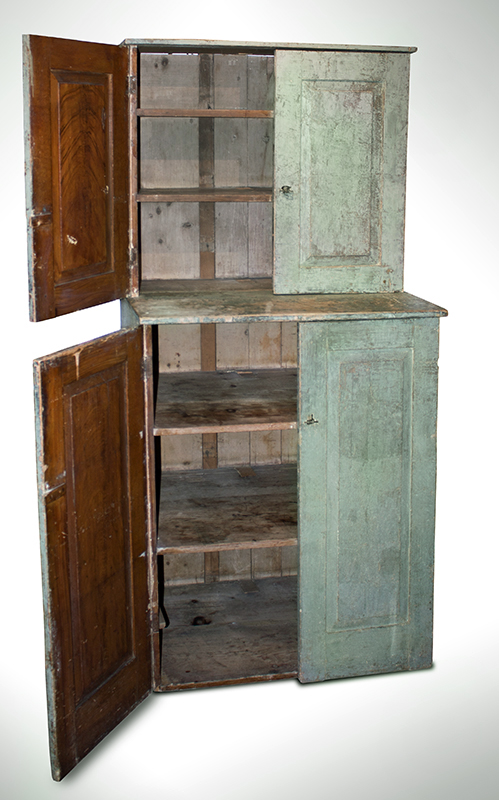 Step Back Cupboard, Raised Panel Doors, Soft Greenish Gray Paint New England, entire view 2