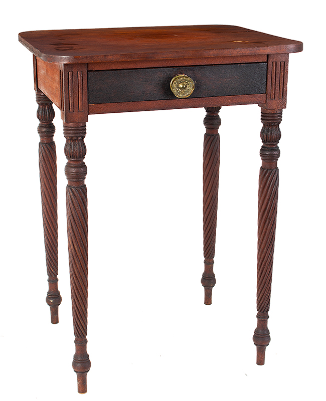 Early 19th Century One Drawer Stand, Sheraton Table, Carved, Original Red Upper Connecticut River Valley, Probably Hanover or Lebanon, NH Area Probably Owned by the Honorable Silas Wright, entire view