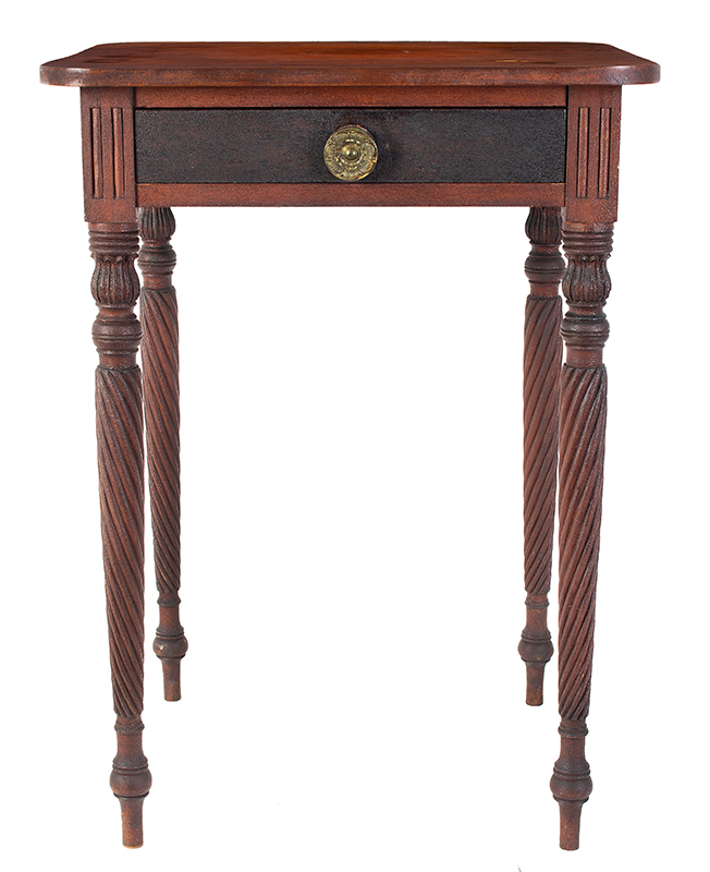 Early 19th Century One Drawer Stand, Sheraton Table, Carved, Original Red Upper Connecticut River Valley, Probably Hanover or Lebanon, NH Area Probably Owned by the Honorable Silas Wright, entire view 3