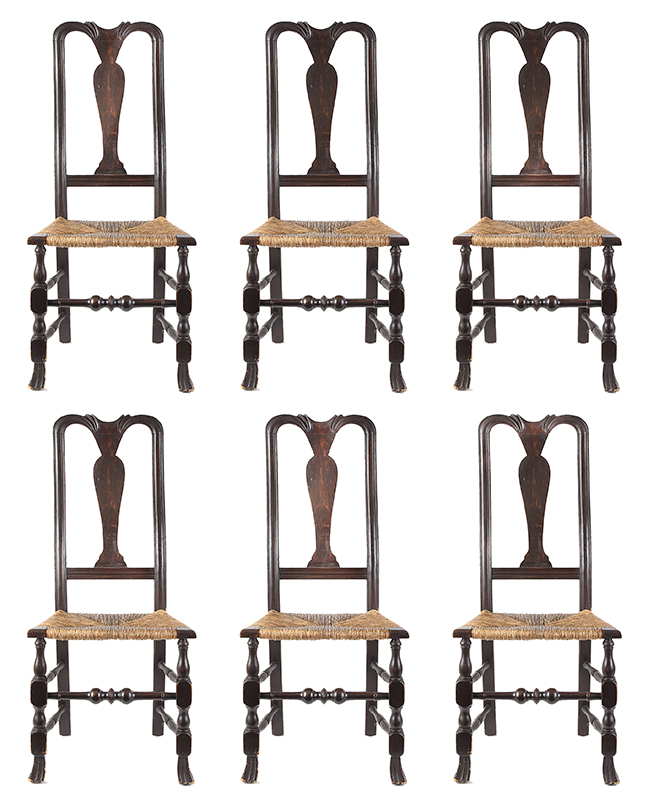 Set of 6, Queen Anne Side Chairs, Spanish Feet, Carved Crests, New England, set view