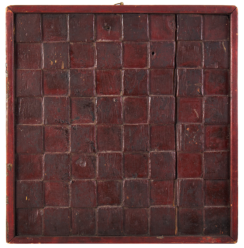 Antique Gameboard, Chess, Relief Carved, Red Paint, entire view