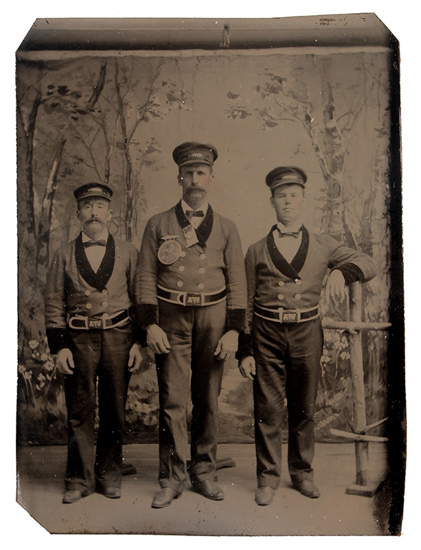 Photography, Tintype, Three Veteran Firemen's Association Members in Uniform, Image 1