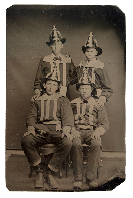 Photography, Tintype, Four Firemen in Parade Uniform, Wearing Helmets, entire view