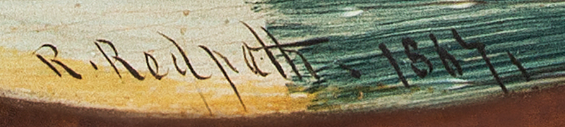Painting, Lake, Sail & Rowboats, Mountains, New York, Signed: Ralph Redpath, signature