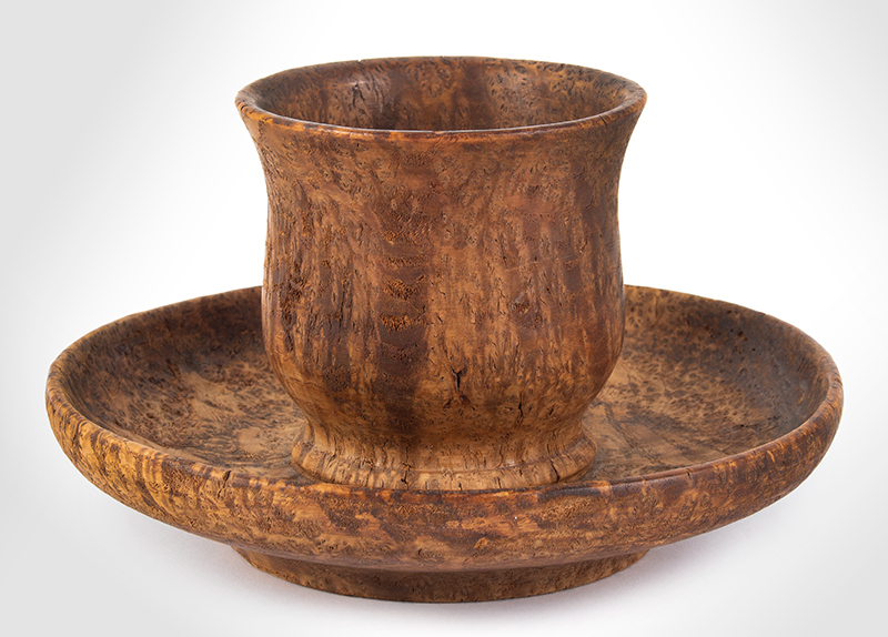 Woodenware, Treen, Turned Burl Cup and Dish, One Piece, entire view