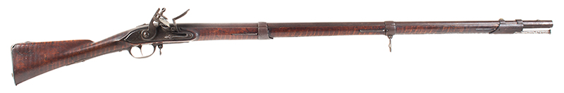 Musket, Flintlock, American Stocked Colonial, Charleville Style, Curley Maple Barrel stamped “PM” likely a Massachusetts proof…, right facing view