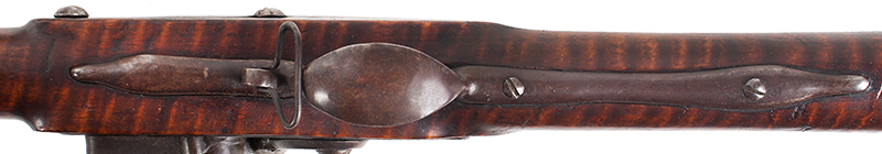 Musket, Flintlock, American Stocked Colonial, Charleville Style, Curley Maple Barrel stamped “PM” likely a Massachusetts proof…, trigger guard view
