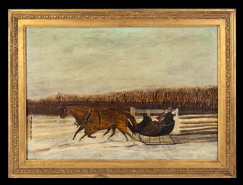 Painting, Horse Drawn Sleigh, Cutter, Driver, and Passenger, Image 1