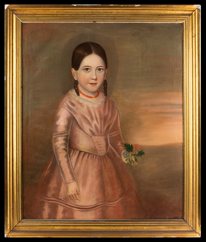 Folk Art Portrait, Young Girl Holding Spray of Flowers American School, Anonymous, entire view
