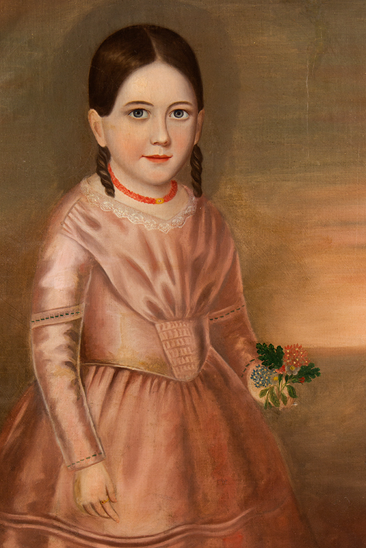 Folk Art Portrait, Young Girl Holding Spray of Flowers American School, Anonymous, entire view sans frame