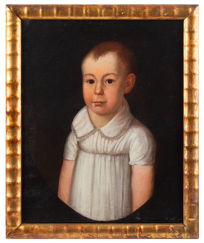Pair of Folk Portraits, Siblings, Brother, and Sister, entire view boy