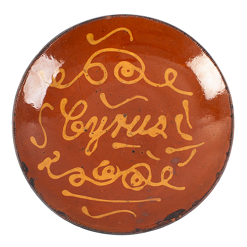 Redware Charger, Slip Decorated - CYRUS, New Jersey or New York, Image 1