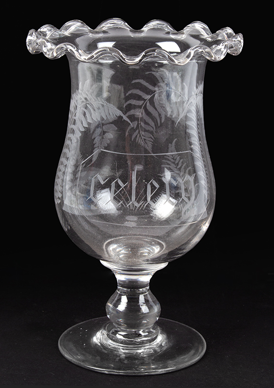 Blown Glass Celery Vase, Thistle Form, Ruffled Rim, Image 1