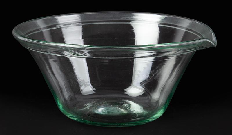 Blown Glass Milk Pan, Bowl, Pour Spout, Rare Size, Folded Rim, Open Pontil, Image 1
