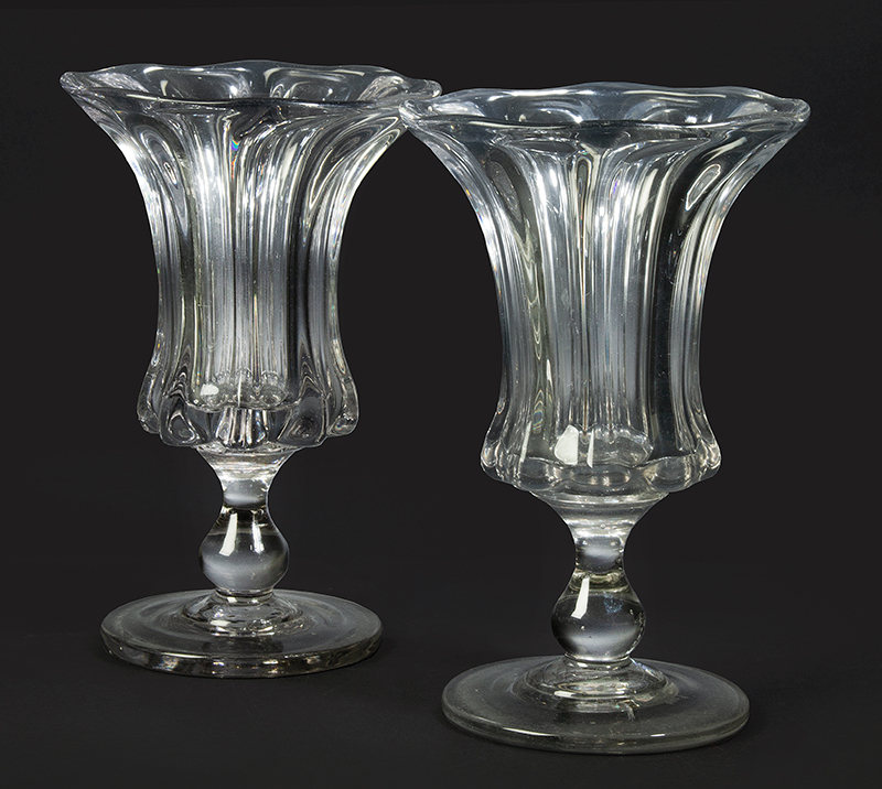 Pair, Blown Glass Vases, Pittsburgh, 8 Rib Pillar Mold, Applied Baluster Stem & Foot, Image 1