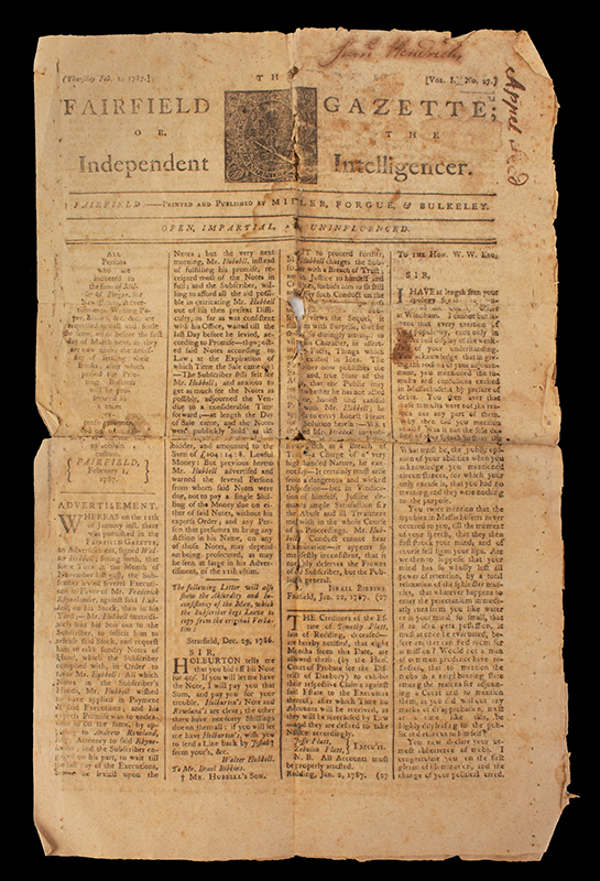 Newspaper: Fairfield Gazette or Independent Intelligencer Vol 1. No. 27, Feb 1, 1787 Published by Miller, Forgue, and Bulkeley 4 pages, entire view