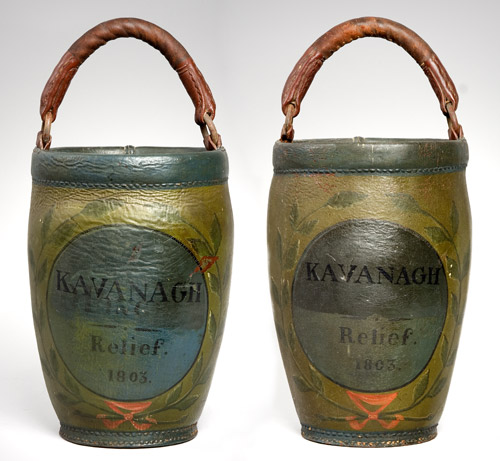 Pair of Painted Leather Fire Buckets, Kavanagh-Relief, Image 1