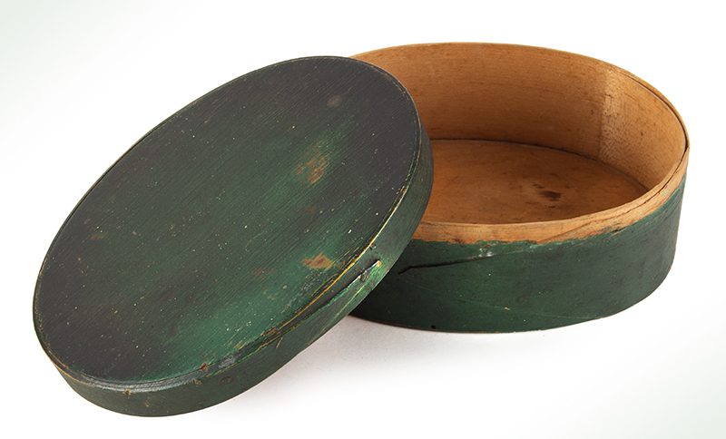 Oval Pantry Boxes in Original Paint, Stack of Four, entire view green