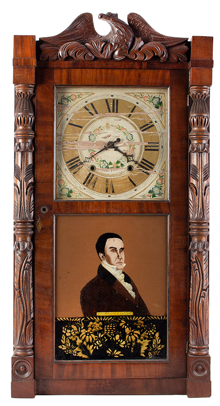 Mantel Clock, Daniel Webster Portrait Tablet, with Carved Columns & Eagle Pediment, Image 1