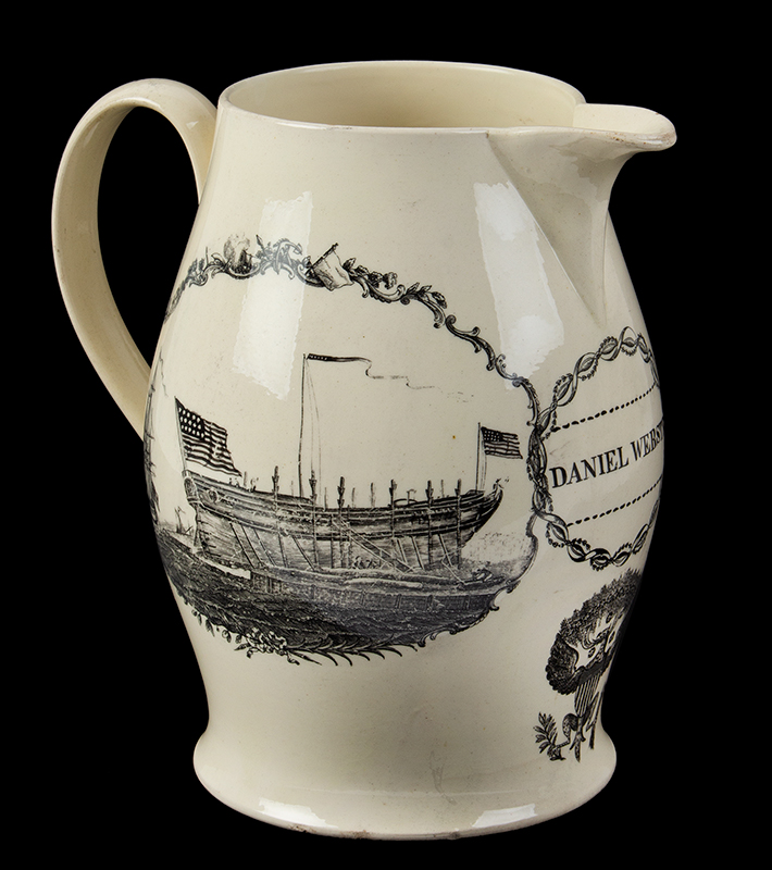 Unique Liverpool Jug Presented to Daniel Webster, Shipbuilding Scene
The reverse features 'The Shipwrights Arms', under the spout is a presentation to 
Daniel Webster., entire view 2