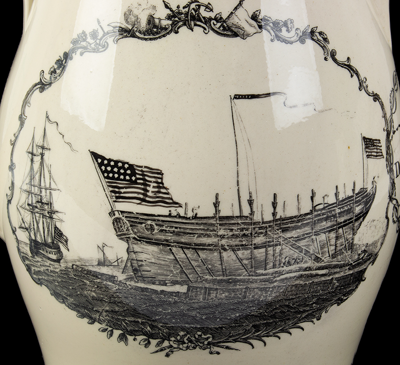 Unique Liverpool Jug Presented to Daniel Webster, Shipbuilding Scene
The reverse features 'The Shipwrights Arms', under the spout is a presentation to 
Daniel Webster., detail view 1