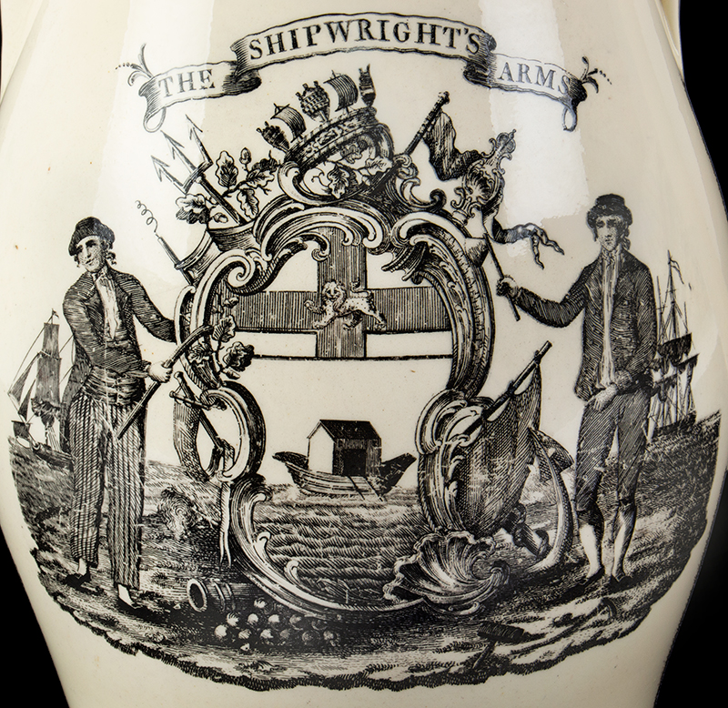 Unique Liverpool Jug Presented to Daniel Webster, Shipbuilding Scene
The reverse features 'The Shipwrights Arms', under the spout is a presentation to 
Daniel Webster., detail view 3