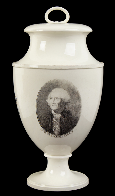 Creamware, Large Wedgewood Covered Urn, Transfer Portraits, George & Martha Washington, entire view