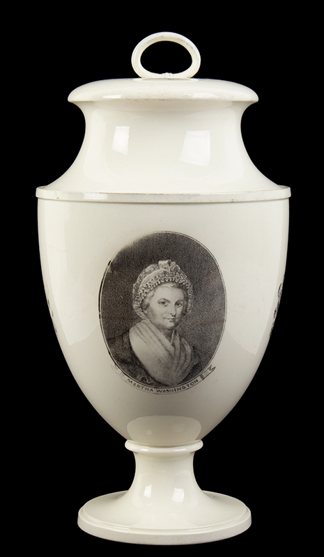 Creamware, Large Wedgewood Covered Urn, Transfer Portraits, George & Martha Washington, entire view 2