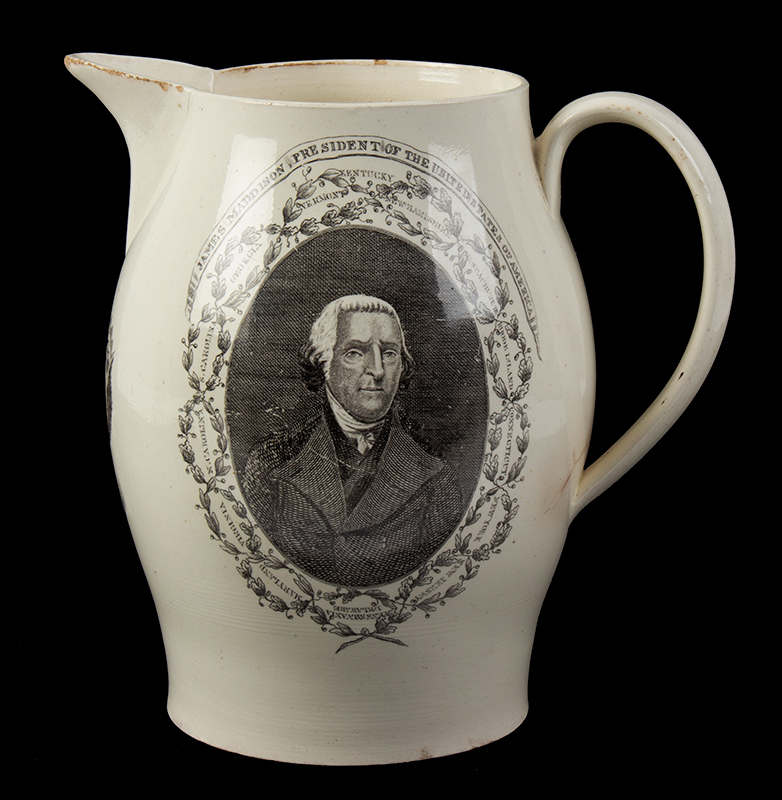 Liverpool Jug, Creamware Pitcher Printed in Black, James Madison President of the United States of America, entire view