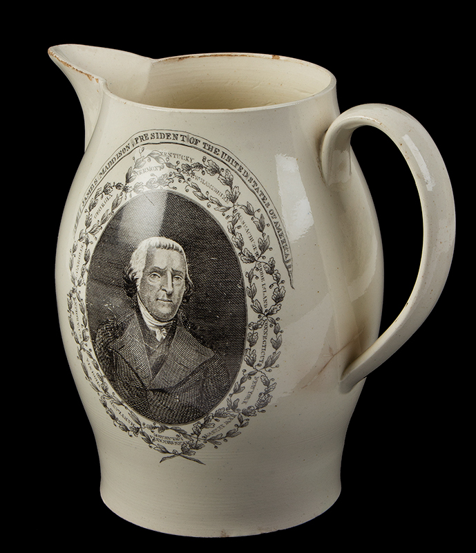Liverpool Jug, Creamware Pitcher Printed in Black, James Madison President of the United States of America, entire view 2