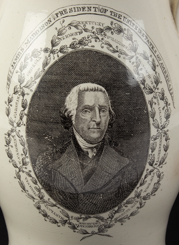 Liverpool Jug, Creamware Pitcher Printed in Black, James Madison President of the United States of America, detail view 1