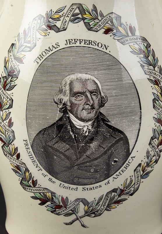 Liverpool Jug, Thomas Jefferson / President of the Unites States of America Rare, 15 States Printed on Ribbon Enclosing Enameled Laurel Wreath, detail view