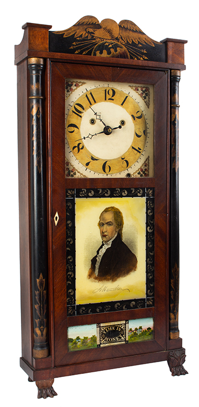 Silas Hoadley TIME IS MONEY Shelf Clock, Portrait of ALEXANDER HAMILTON Tall Mantel Upside Down Ivory Bushed Wooden Works, Three Tablet Shelf Clock, entire view 2