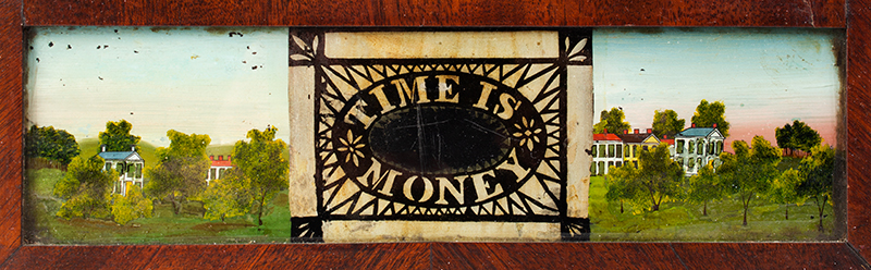 Silas Hoadley TIME IS MONEY Shelf Clock, Portrait of ALEXANDER HAMILTON Tall Mantel Upside Down Ivory Bushed Wooden Works, Three Tablet Shelf Clock, detail view 2