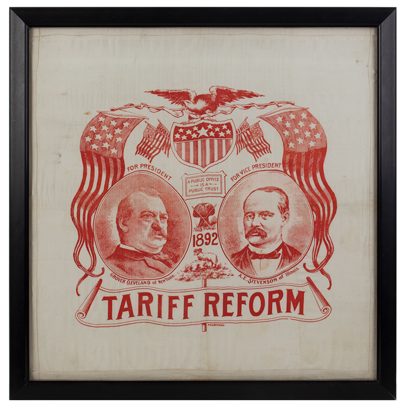 Cleveland-Stevenson Tariff Reform Portrait Handkerchief, Political Americana, Historic White Paint American, entire view
