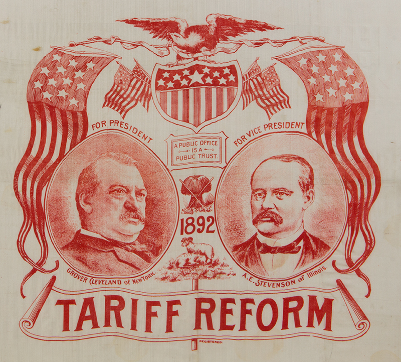 Cleveland-Stevenson Tariff Reform Portrait Handkerchief, Political Americana, Historic White Paint American, entire view sans frame