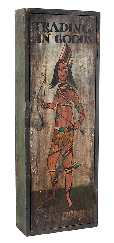 Advertising, Trade Sign Painted on Cabinet, Trading In Goods for the Woodsmen Wonderful and colorful imagery…, entire view