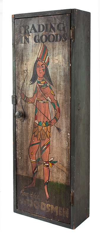Advertising, Trade Sign Painted on Cabinet, Trading In Goods for the Woodsmen Wonderful and colorful imagery…, entire view 3