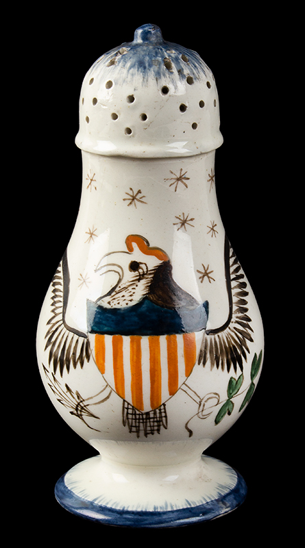 Ceramics, Americana, Creamware, Staffordshire, Eagle Decorated Pepper Pot, entire view
